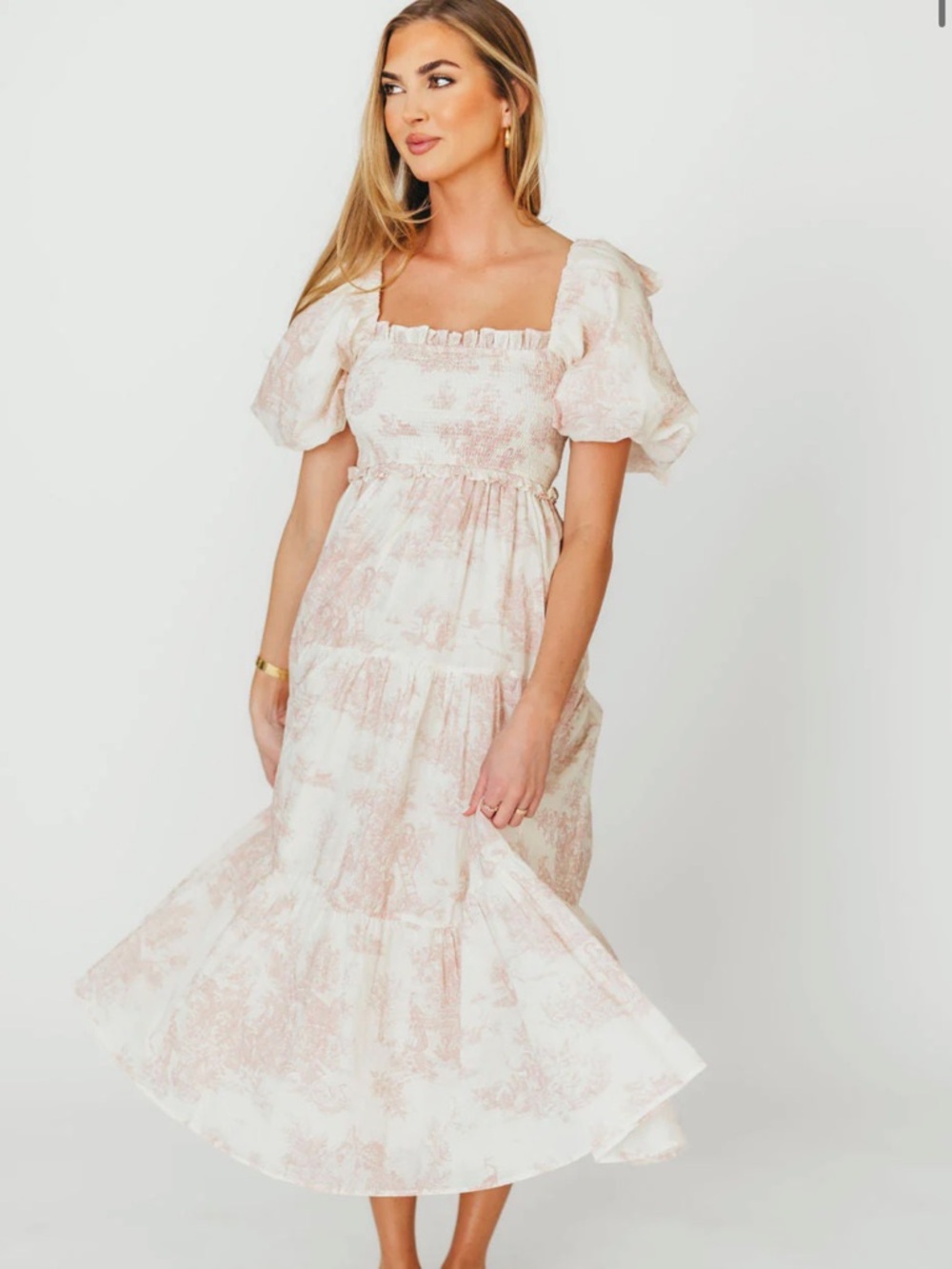 Shop WORTH COLLECTIVE Elena Smocked Toile Print Midi Dress - Taupe, Medium - Picture 5 of 7